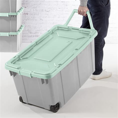 large plastic totes with handles.